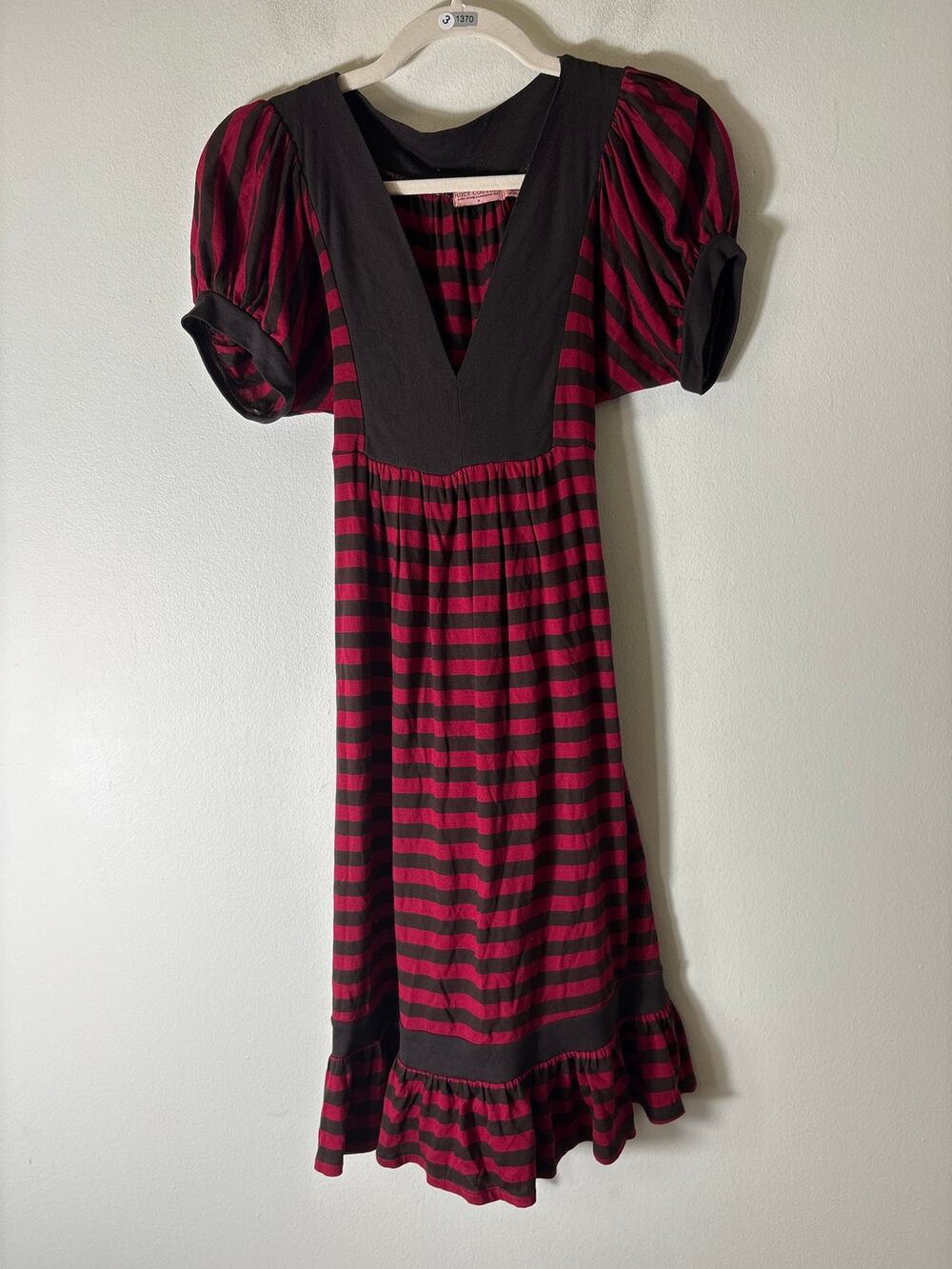 Juicy Couture Dark Red Brown Stripe Short Sleeve V-Neck Dress Sz M